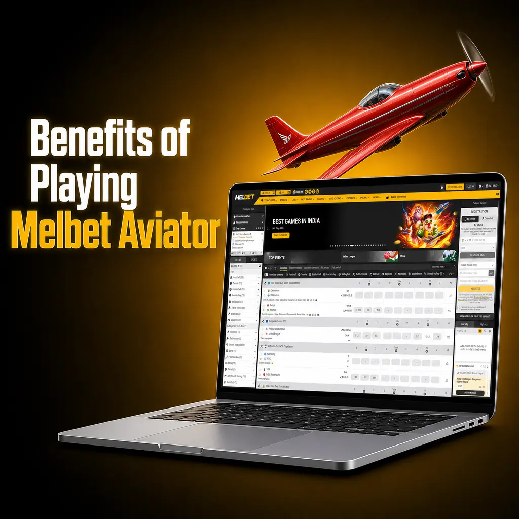 Melbet Aviator benefits including 97% RTP, 1 INR minimum bet, 150% welcome bonus, and UPI deposits for Indian players