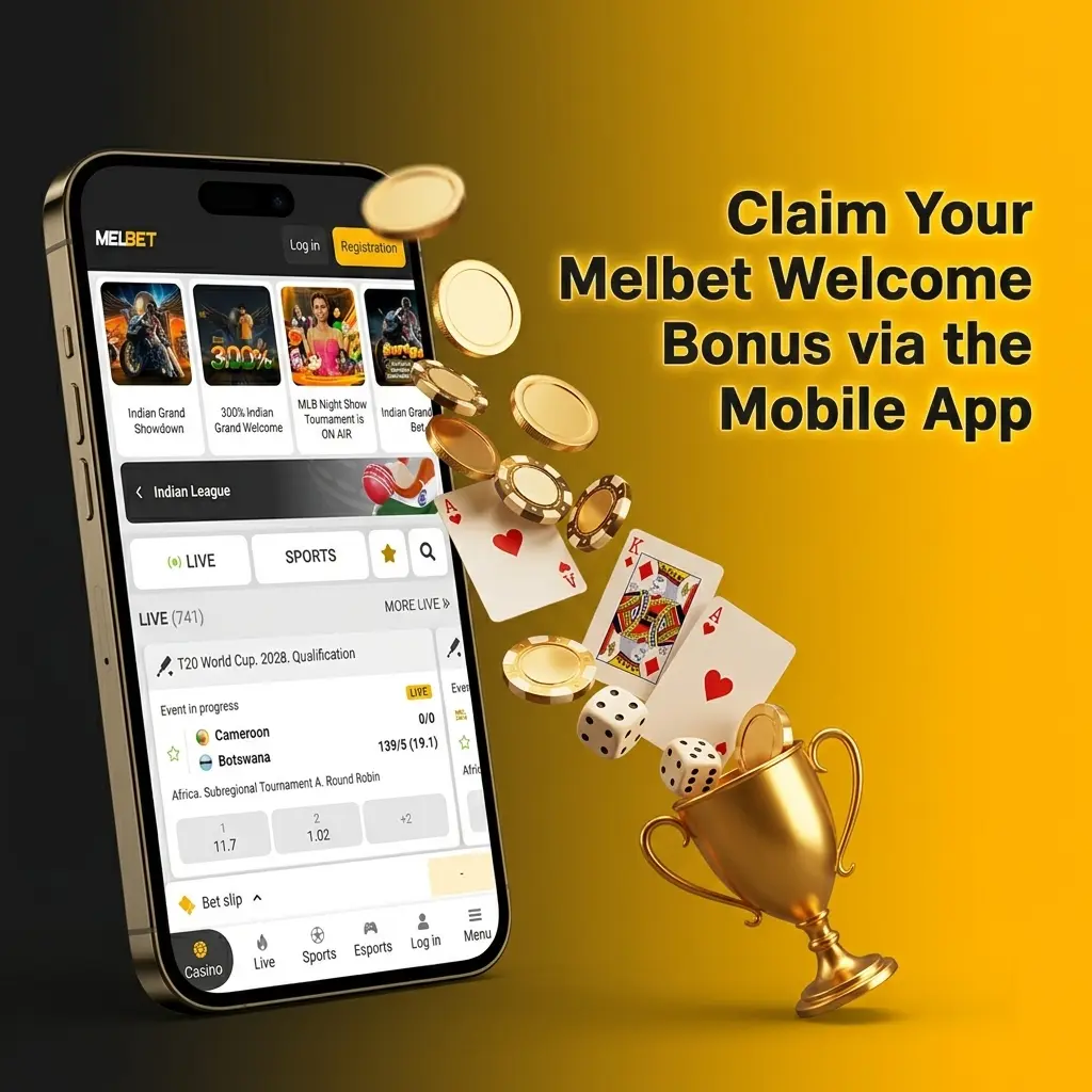Melbet mobile app welcome bonus registration screen showing Android and iOS download options for Indian users