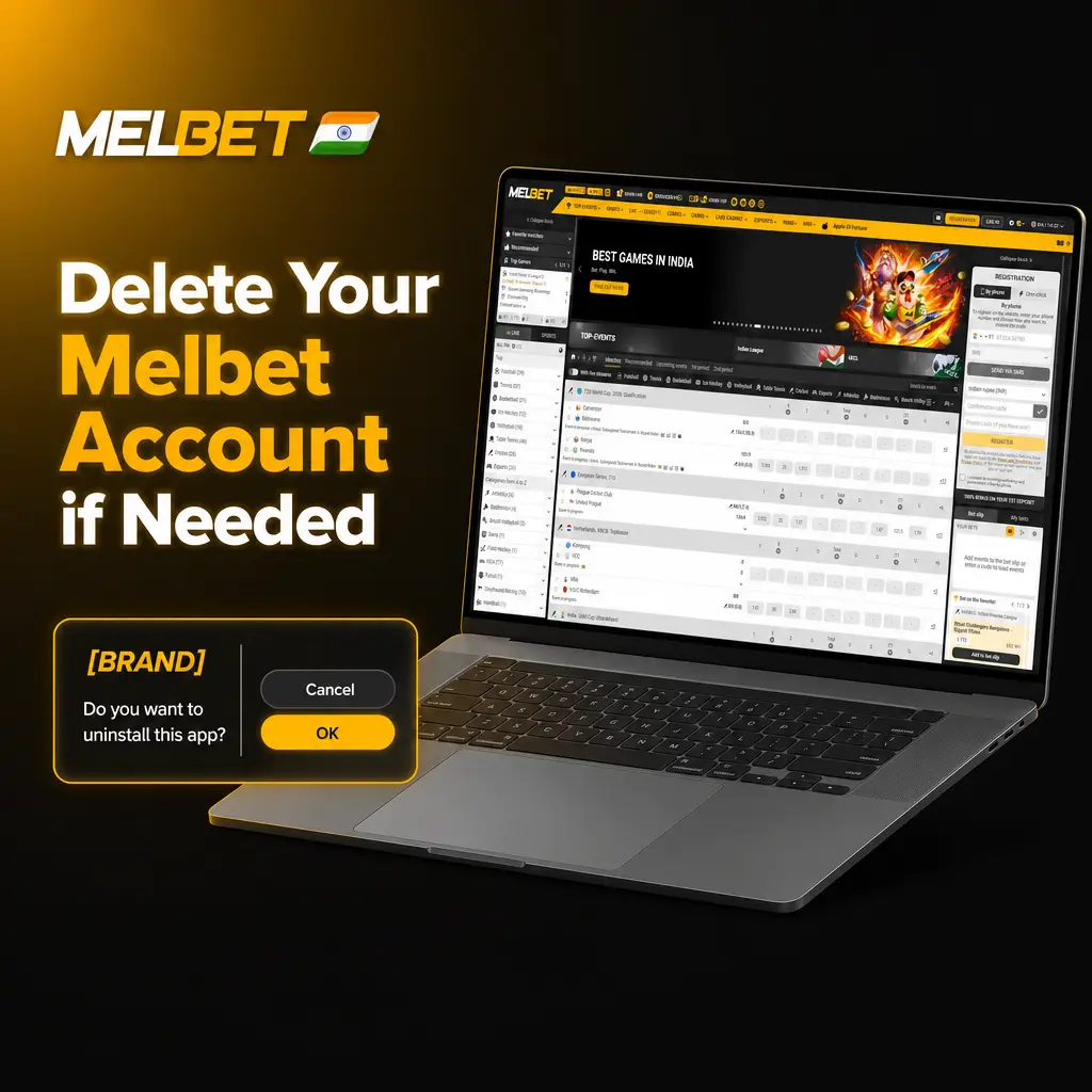 Melbet account deletion settings showing Close Account and Self-Exclusion options in My Account menu