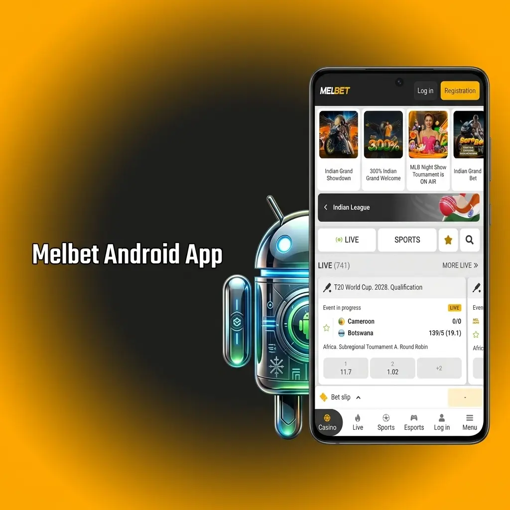 Melbet Android app interface showing sports betting and casino games download option for Android 5.0 and above devices