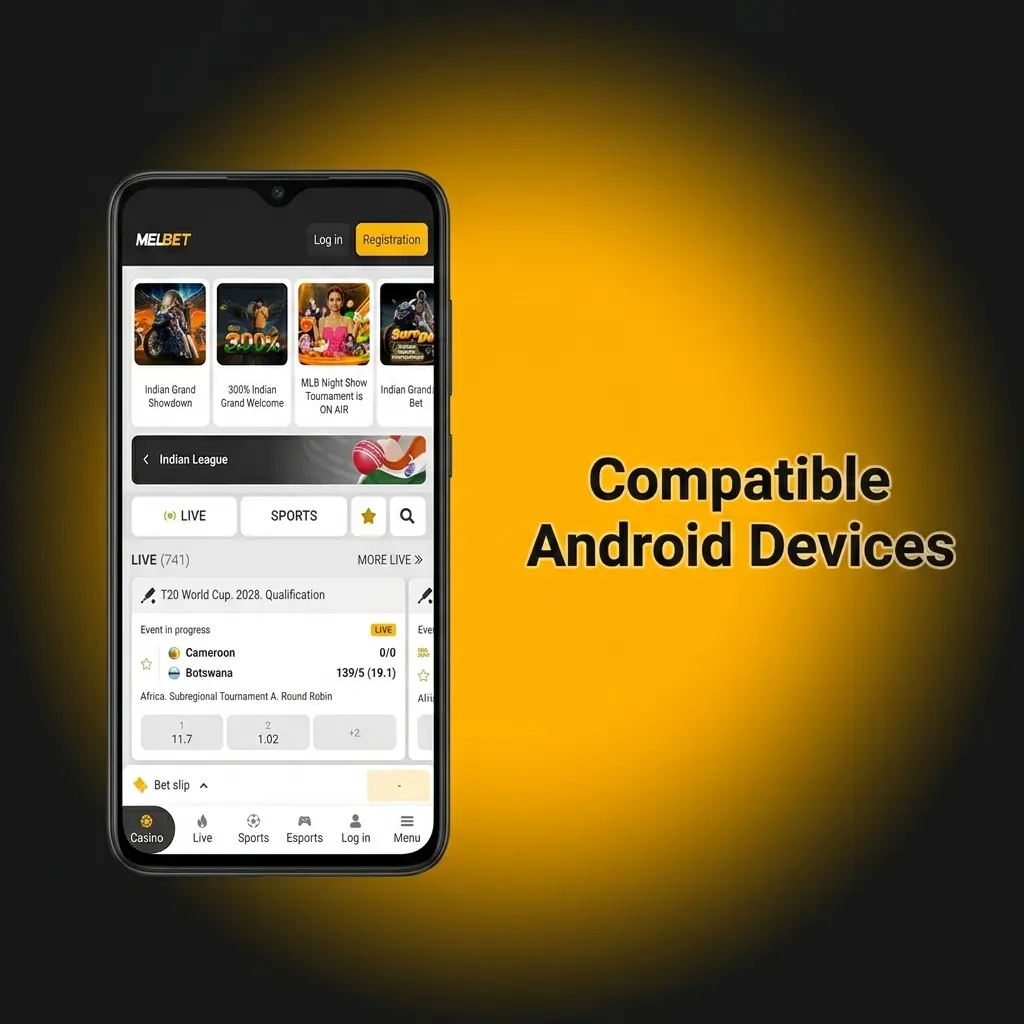 Compatible Android devices for Melbet app including Samsung, Redmi, Realme, POCO, OnePlus, Vivo, iQOO, Motorola