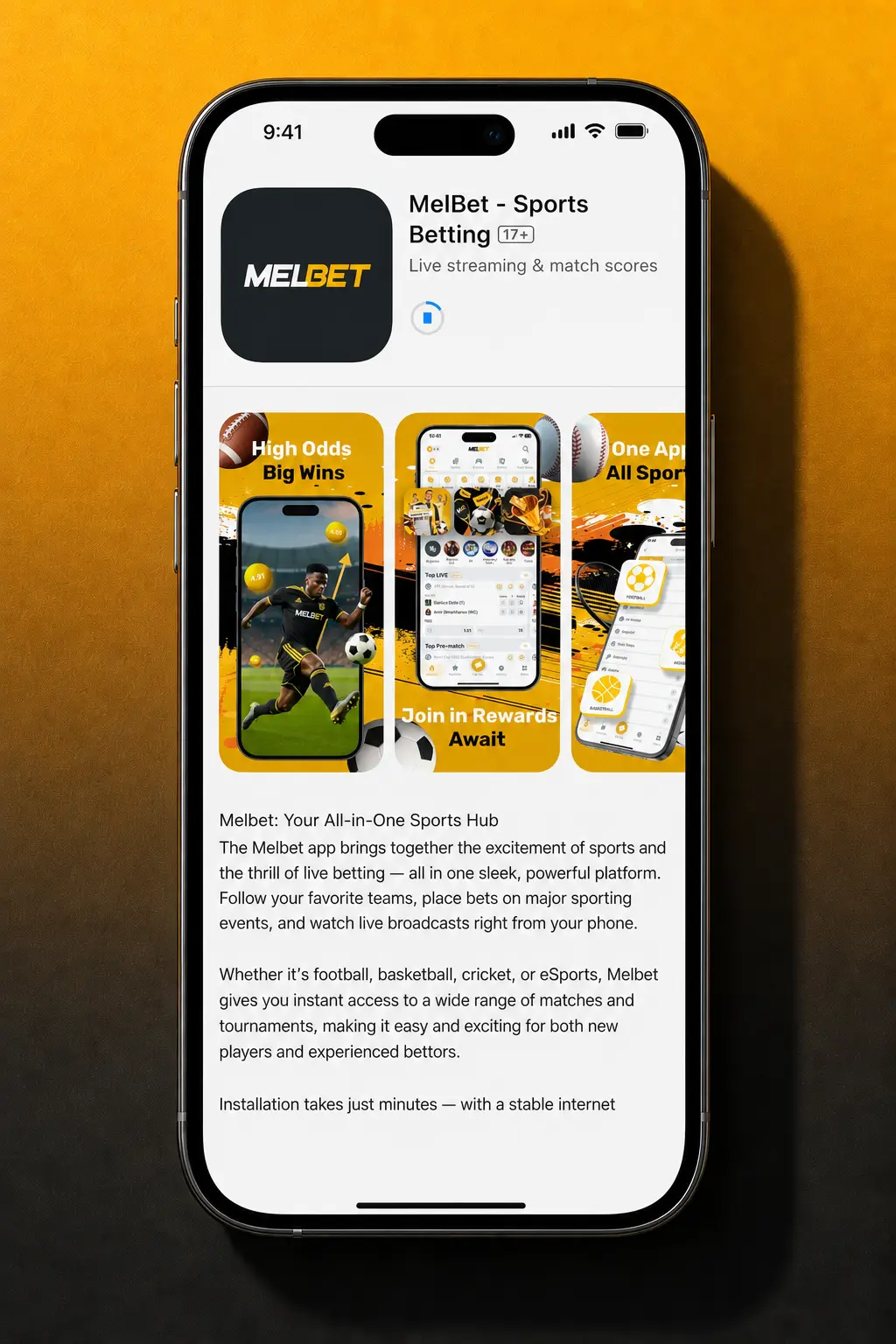 Melbet iOS app installation steps showing Aviator game setup on iPhone via Apple App Store