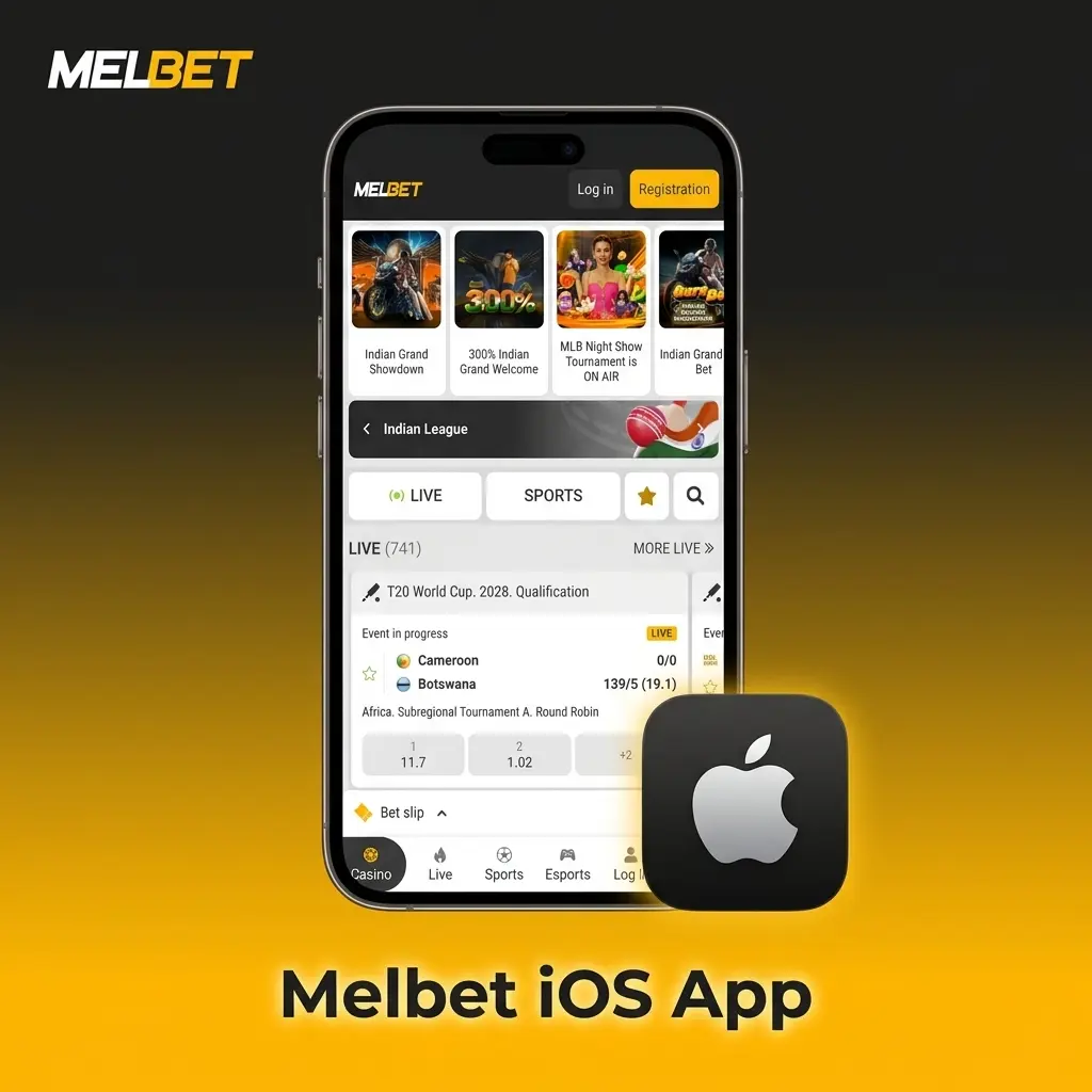 Melbet iOS app interface on iPhone and iPad showing live betting, casino games, and Indian payment options