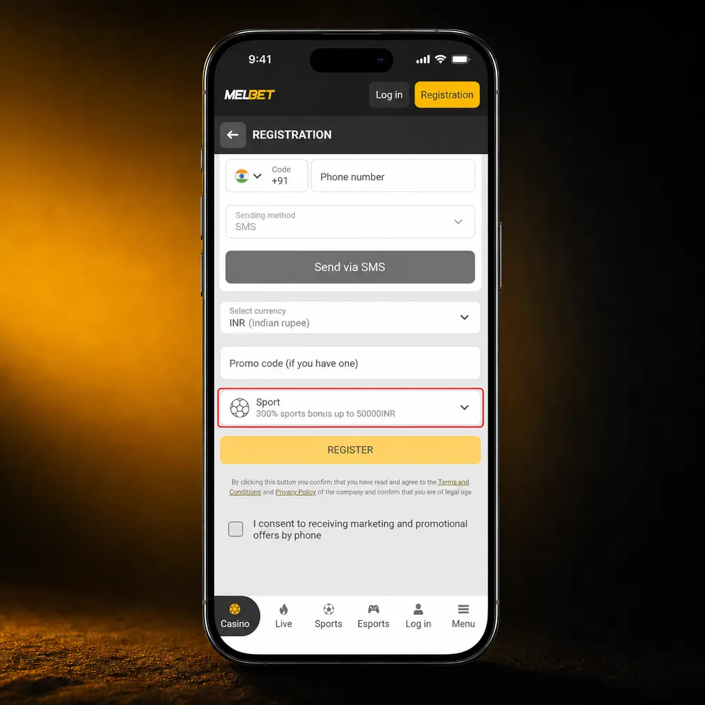 Step-by-step guide showing how to claim a welcome bonus with registration, INR currency selection, and deposit instructions