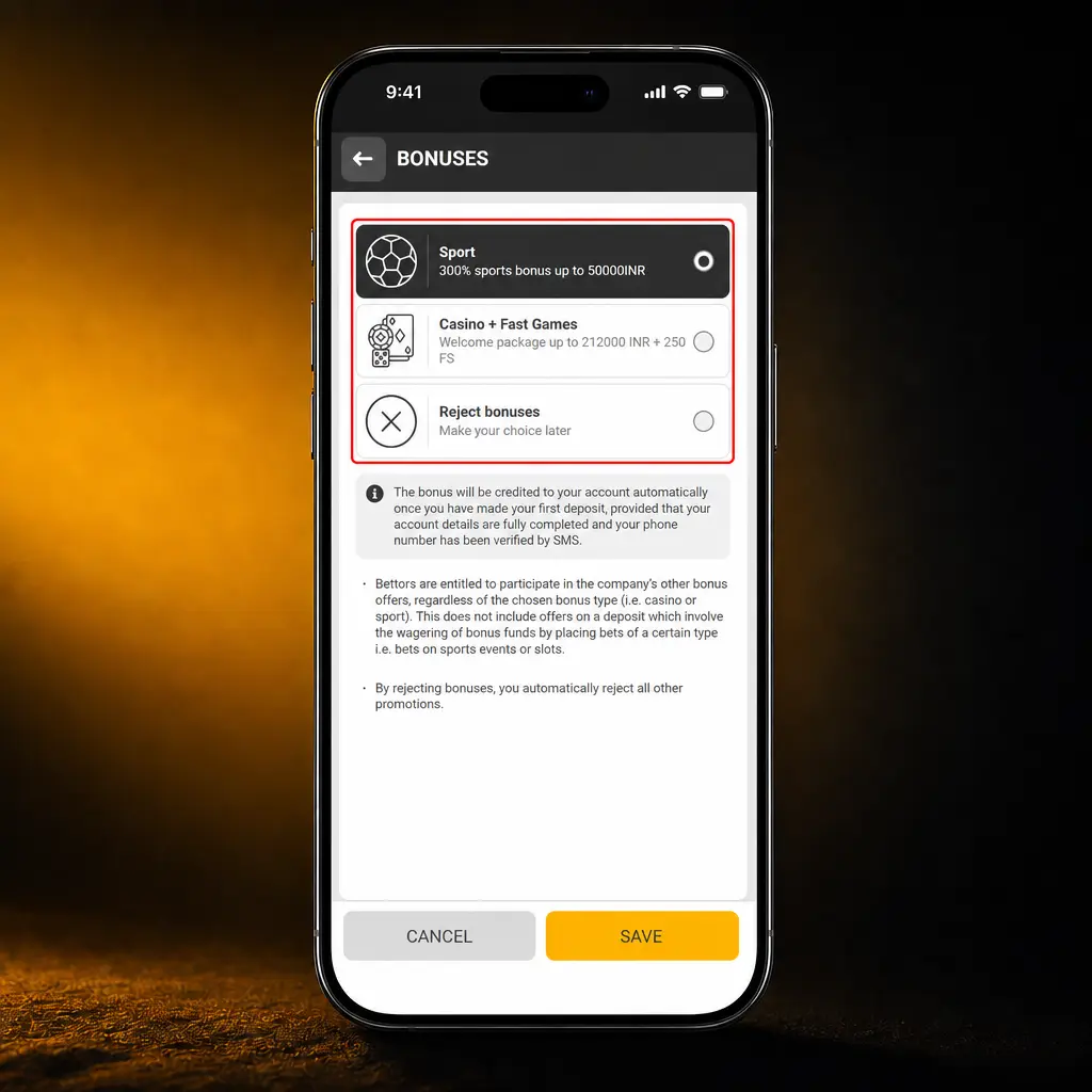 Step-by-step guide showing how to claim a welcome bonus with registration, INR currency selection, and deposit instructions