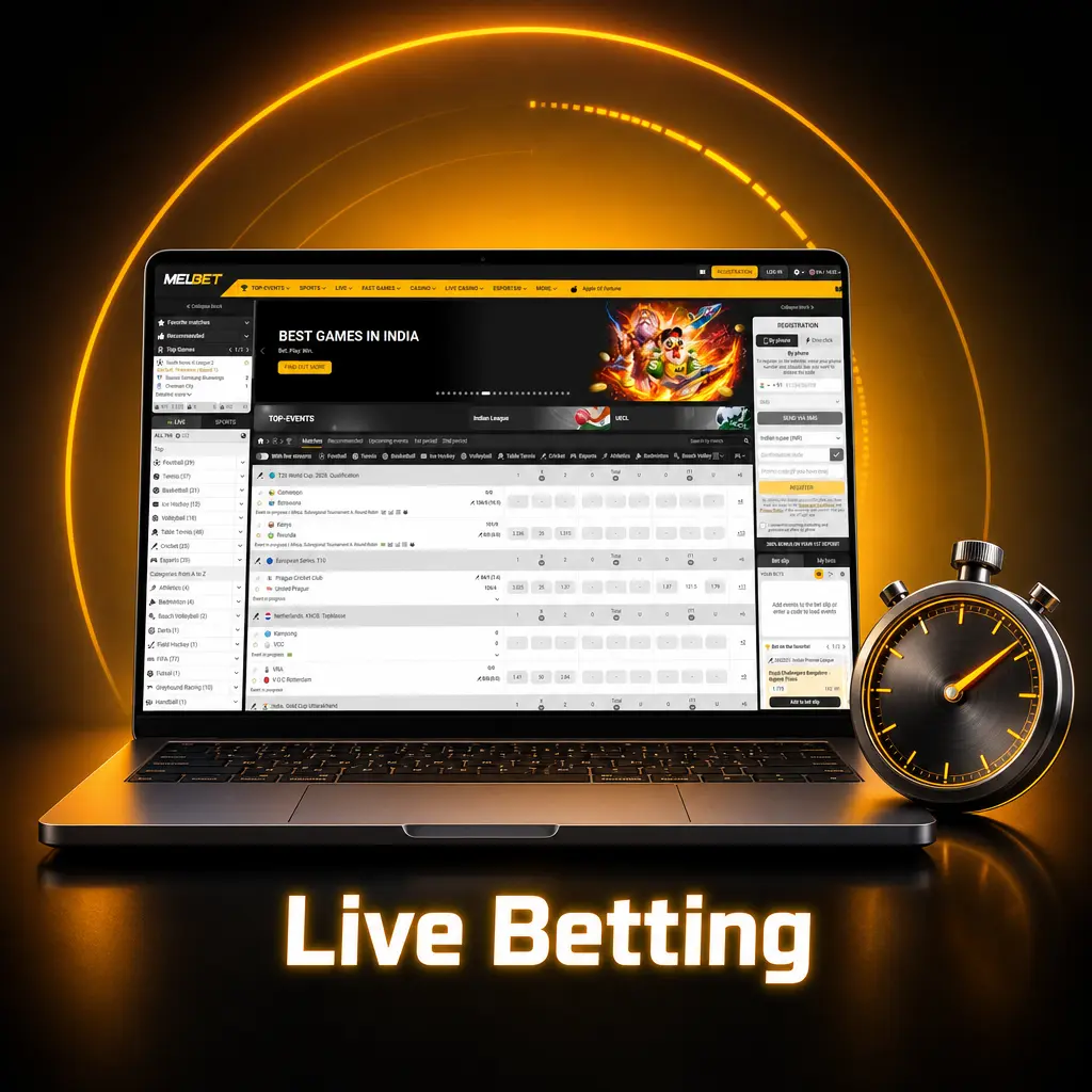 Melbet live betting interface showing in-play odds updates, match tracker, and live statistics for cricket and football