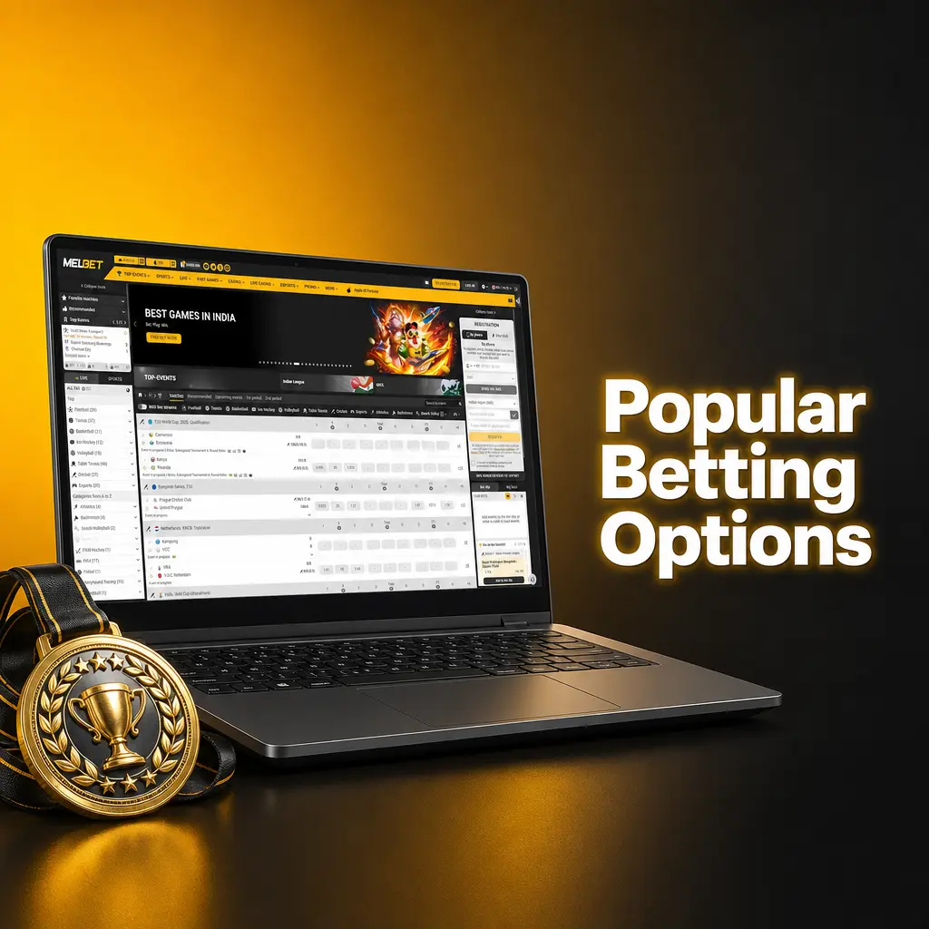 Melbet popular betting options including pre-match, multi live, express, system bets, and outright markets across sports