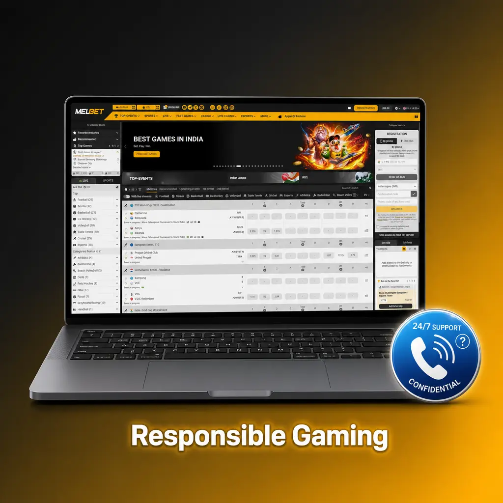 Melbet responsible gaming tools showing deposit limits, self-exclusion, and session controls for safe betting in India