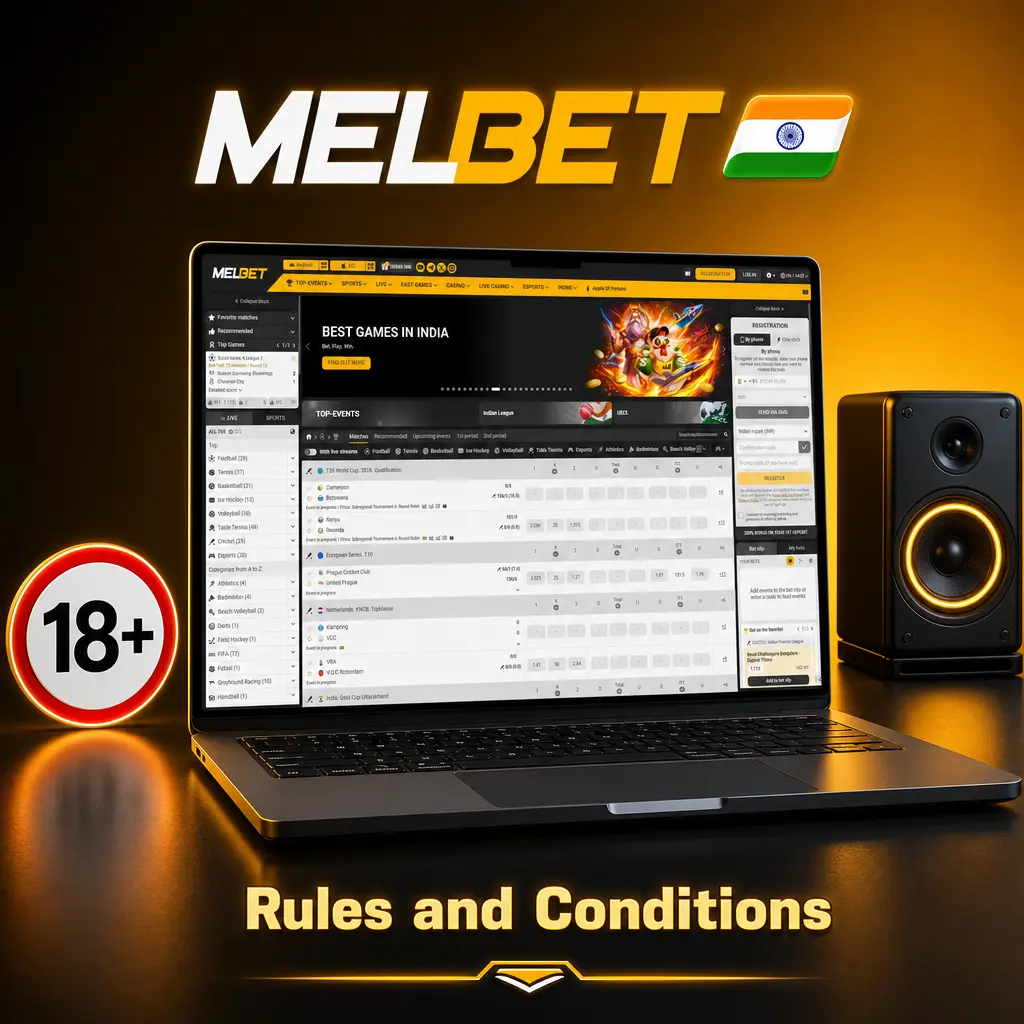 Melbet India registration rules showing age requirement, one account policy, and bonus wagering conditions for users