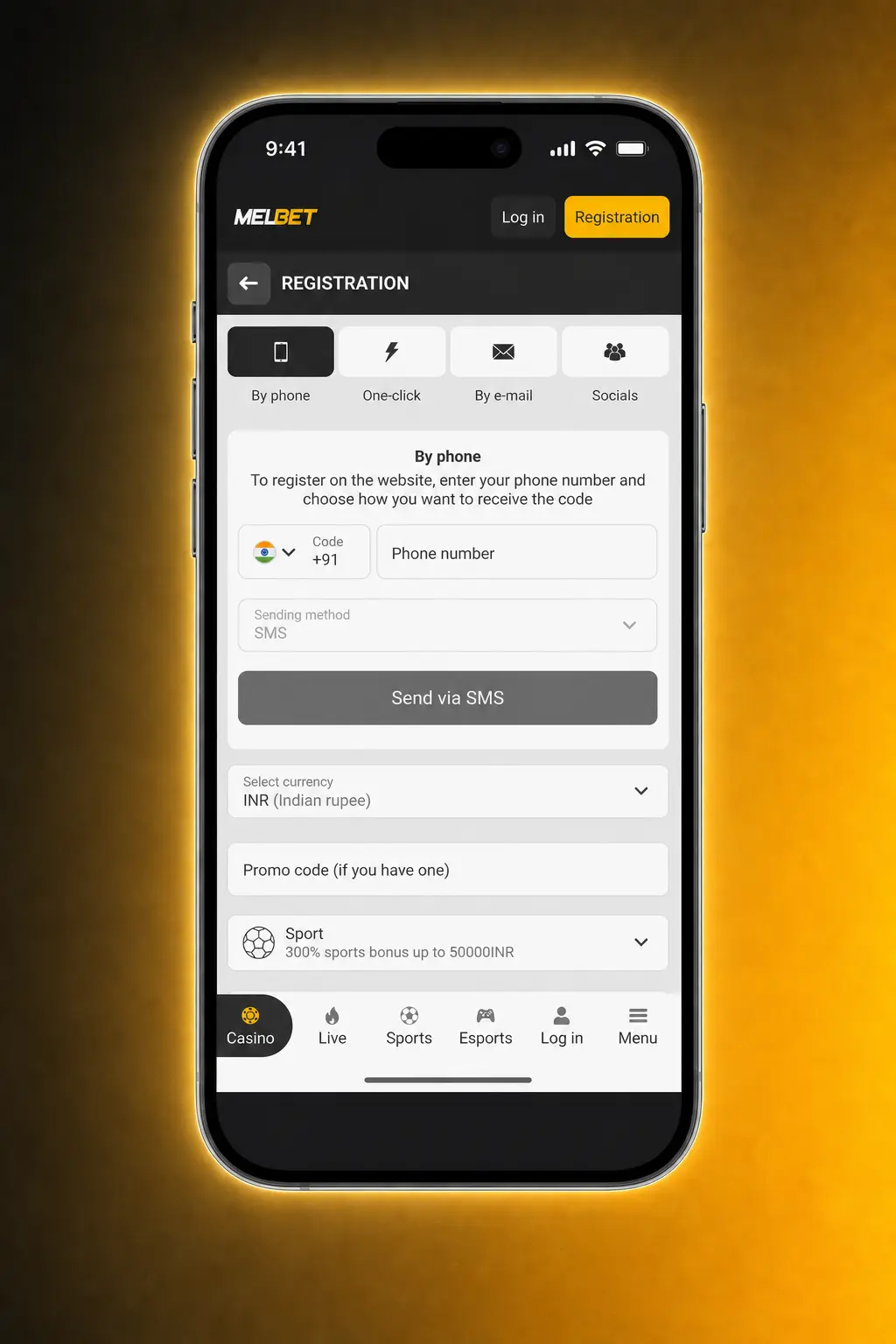 Melbet sign up form showing 4 registration steps including phone, email, one-click, and social media options for Indian users