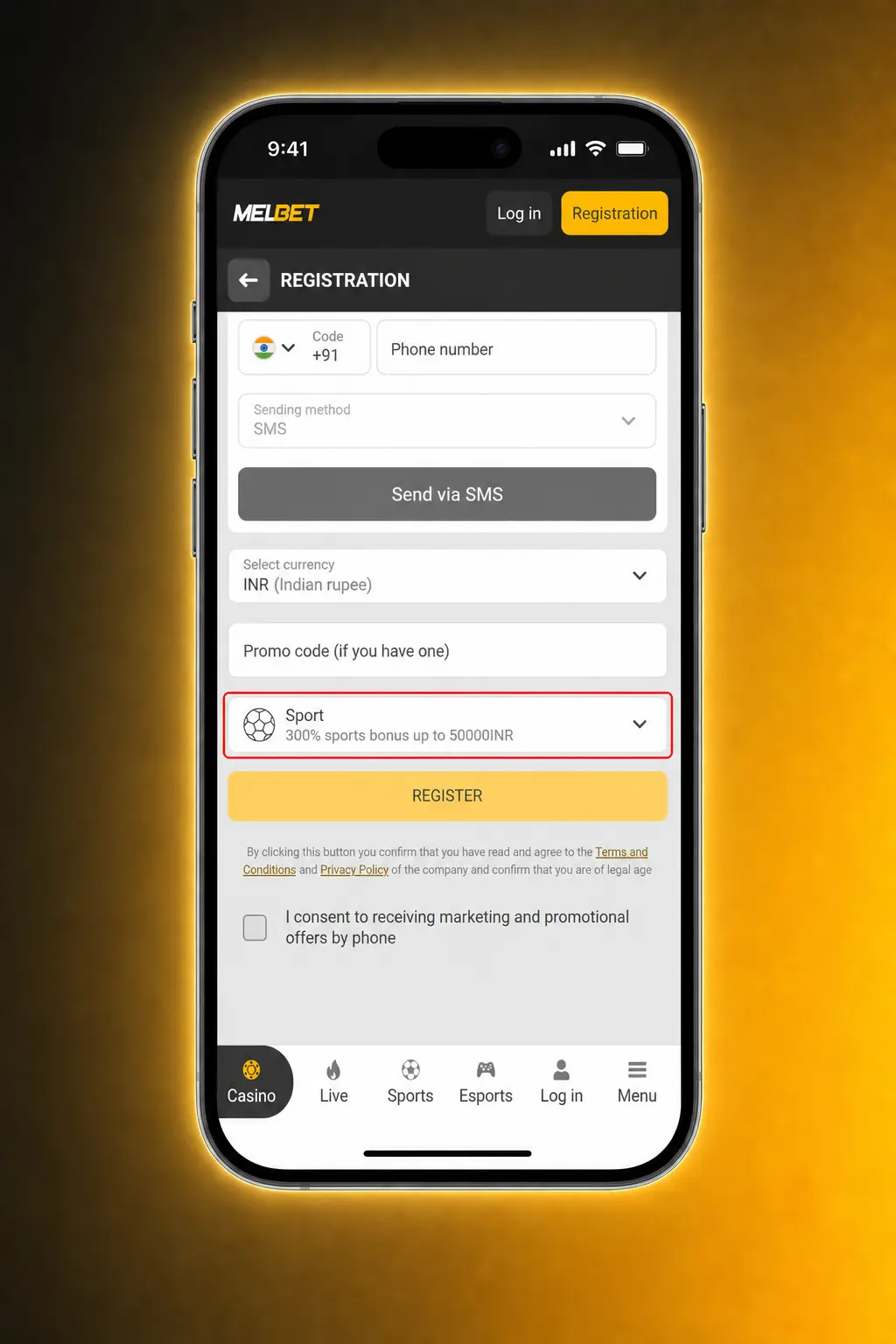 Melbet sign up process showing 4 steps: register, choose method, fill details, and verify account to complete registration.