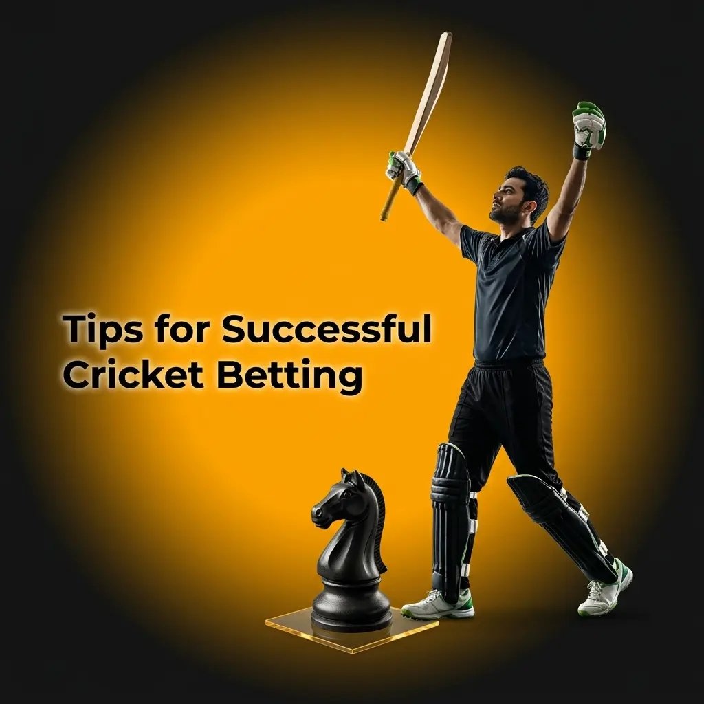 Cricketer batting on pitch with tips for successful cricket betting strategies including bankroll management and analysis
