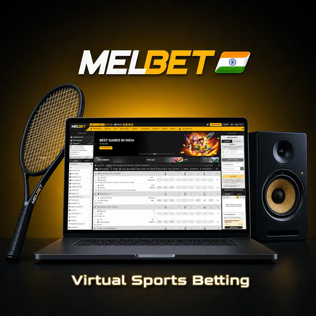 Virtual sports betting interface showing football, horse racing, basketball, and tennis options on Melbet for Indian players