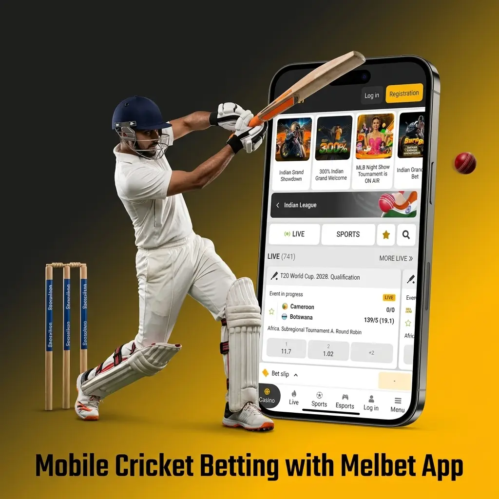 Melbet app interface showing mobile cricket betting on Android and iOS devices with sports wagering options