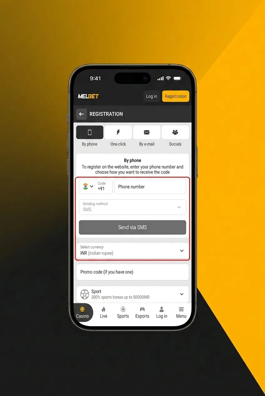 Melbet registration process steps for Indian users showing sign up options including phone email and social media methods