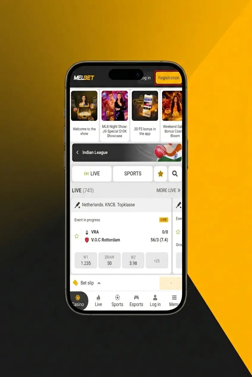 Melbet registration process steps showing sign up options for Indian users including phone, email and social media methods