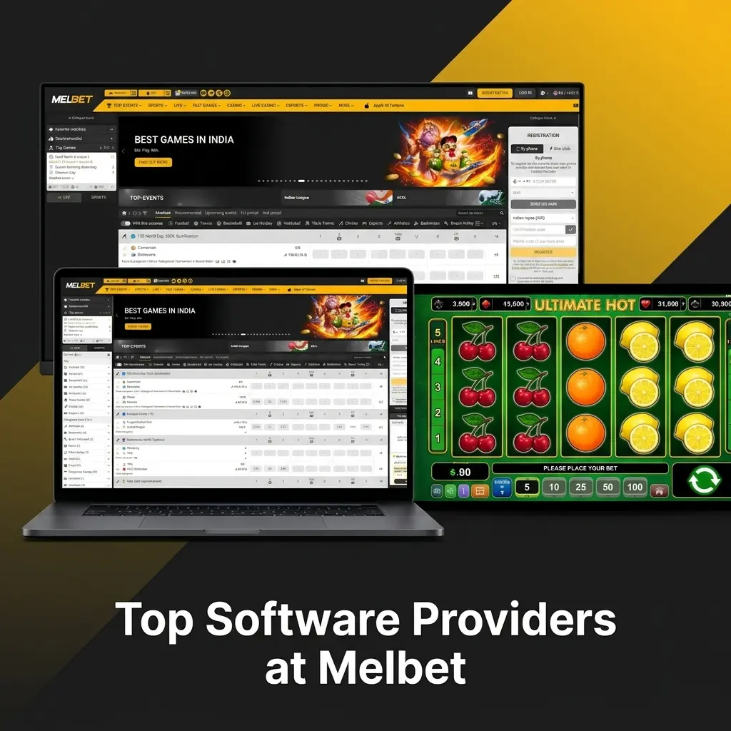 Melbet software providers including Pragmatic Play, NetEnt, Evolution and Spribe logos displayed on casino platform