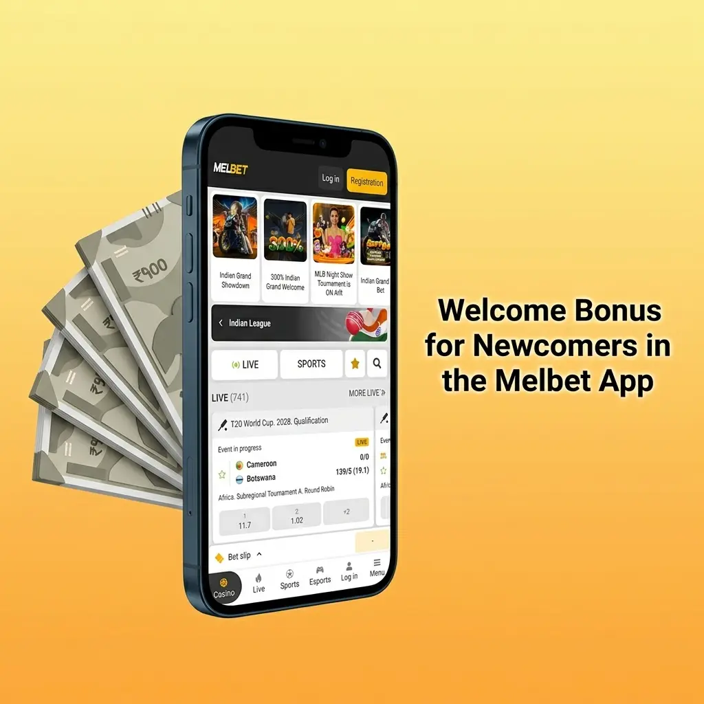 Melbet app welcome bonus options showing 100% sports bonus up to 10,800 INR and 150% casino bonus up to 40,000 INR